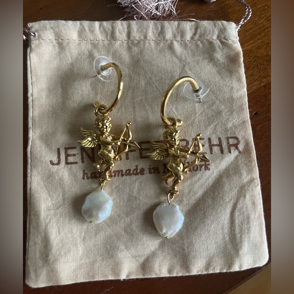 Jennifer Behr Gold Cherub Cupid & Pearl Earrings - Picture 1 of 3